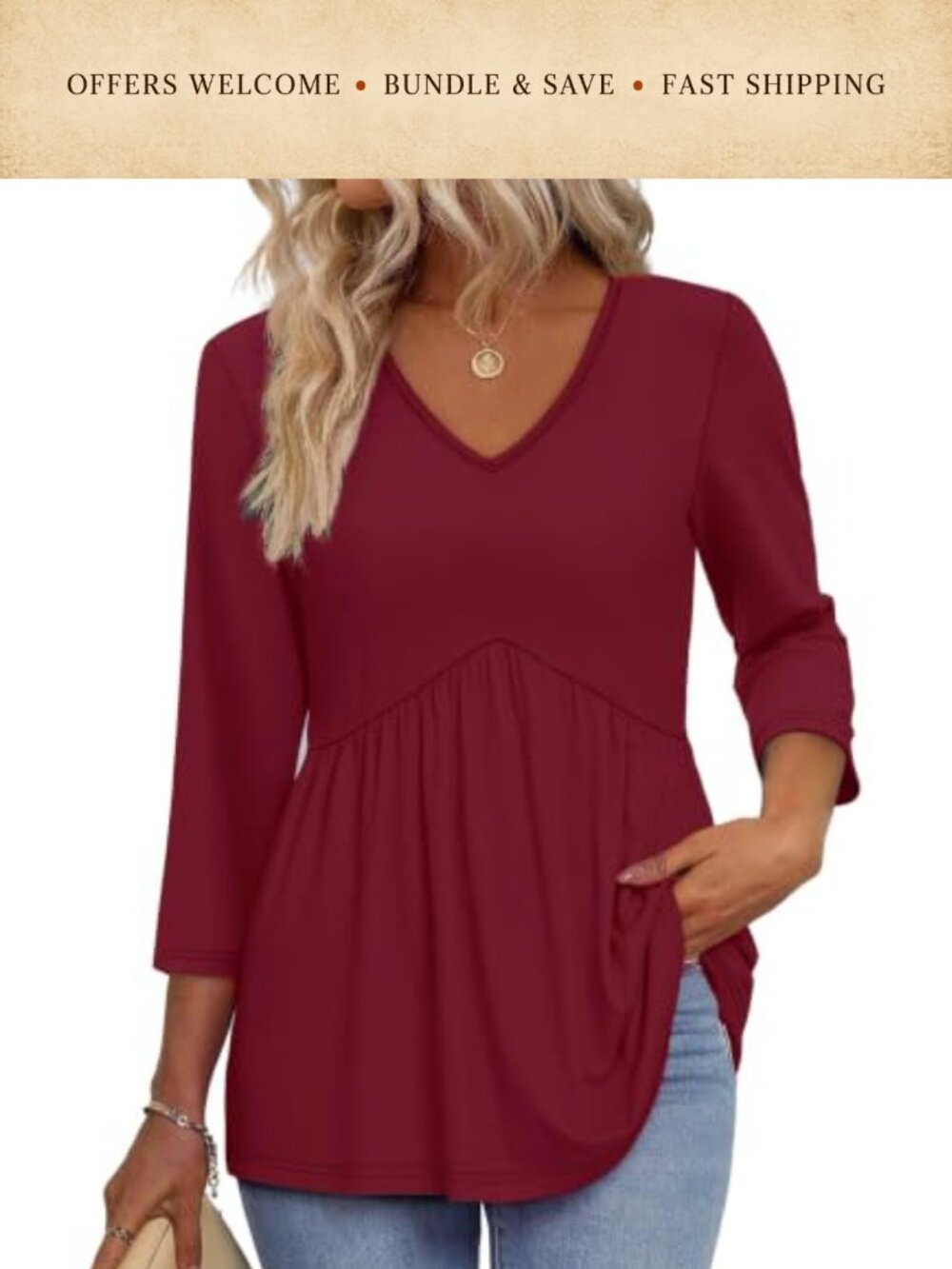 Womens 3/4 Sleeve V Neck Babydoll Tunic Blouse Flowy Casual Top